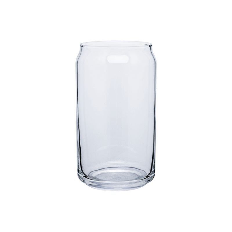 Back view of Clear Glass Soda Can, minimalist drinkware, modern aesthetic