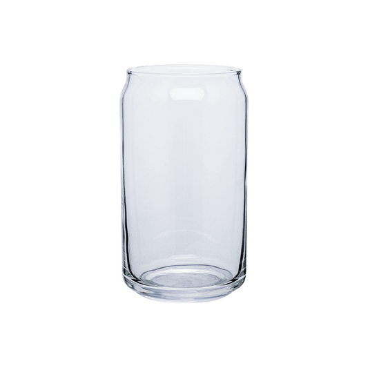 Back view of Clear Glass Soda Can, minimalist drinkware, modern aesthetic