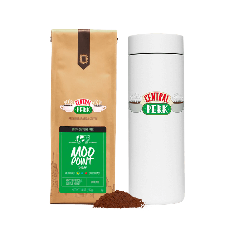 The Central Perk Moo Point Traveler Bundle With Moo Point Decaffeinated Coffee and White 360 Coffee Traveler Mug