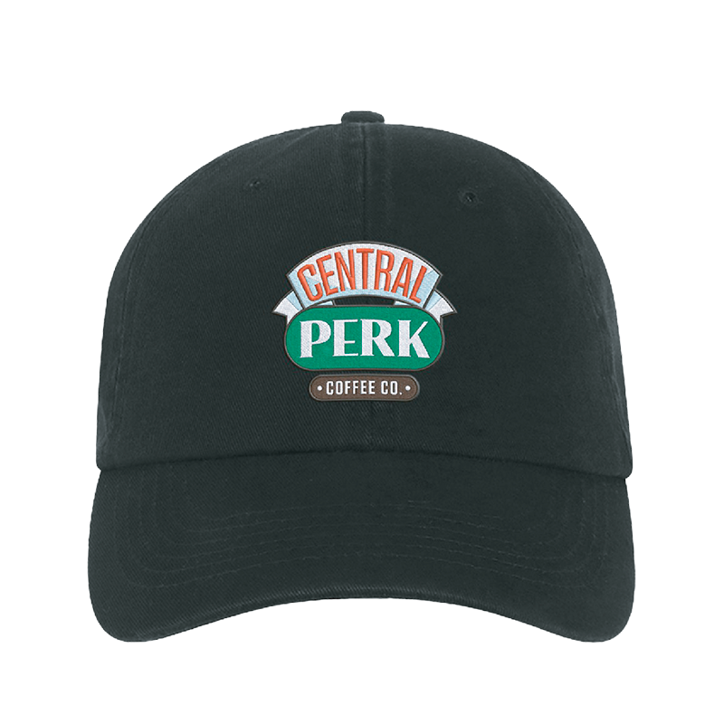 Front view of Black Dad Hat, Central Perk cup-less logo, stylish cap design, Central Perk Baseball Hat, Central Perk Dad Hat, Baseball Hat With Central Perk Logo