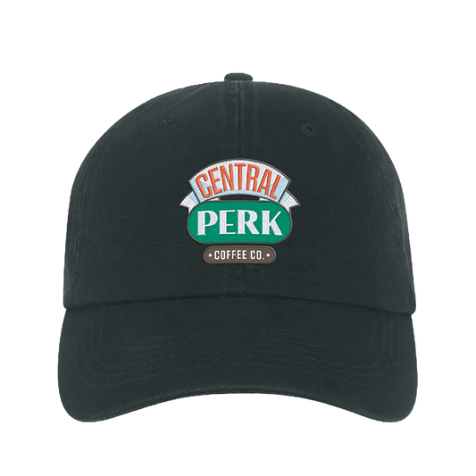 Front view of Black Dad Hat, Central Perk cup-less logo, stylish cap design, Central Perk Baseball Hat, Central Perk Dad Hat, Baseball Hat With Central Perk Logo