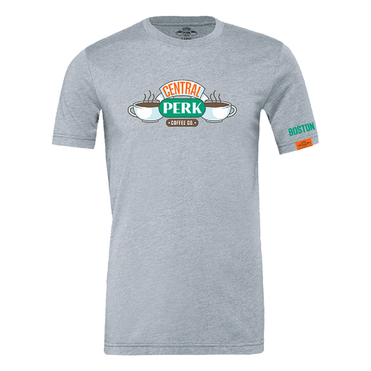 Central Perk Gray shirt, Front view of the Grey Unisex T-Shirt, Grey t-shirt front, Central Perk logo print, Unisex design, Soft fabric, Classic crew neck cut