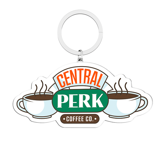 Front view of Metal Logo Keychain, Central Perk coffee mug design, FRIENDS™ series emblem, Durable metal construction, Shiny surface finish