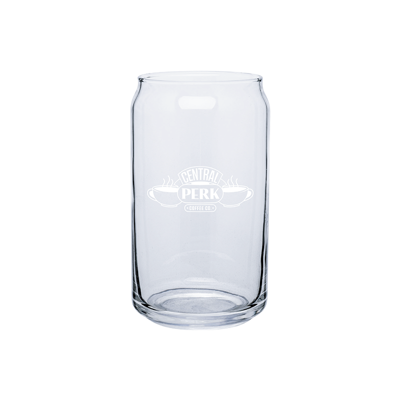 Central Perk Glass, Central Perk Glass Can, Central perk Glass cup, Front view of Clear Plain Glass Soda Can, sleek transparent design, unique beverage holder