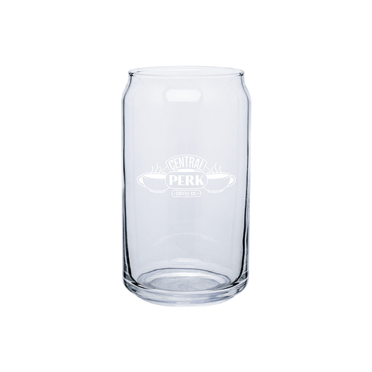 Central Perk Glass, Central Perk Glass Can, Central perk Glass cup, Front view of Clear Plain Glass Soda Can, sleek transparent design, unique beverage holder