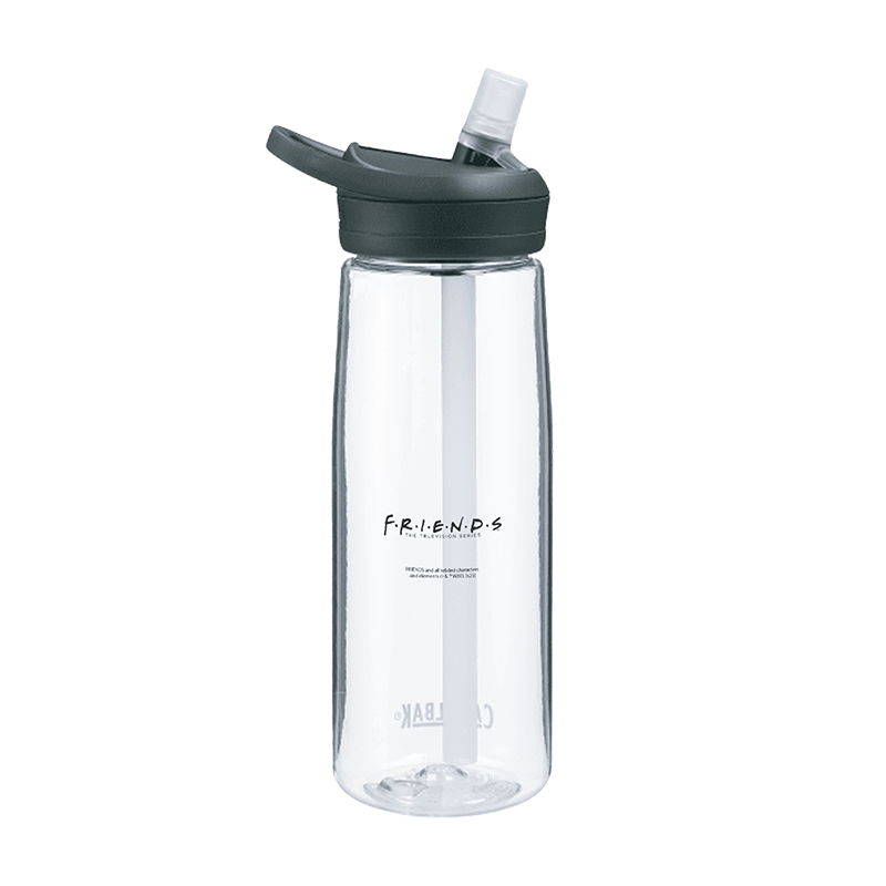 Back view of Clear Camelbak Bottle, sleek transparent design, durable water container, water bottle with friends logo, central perk camelbak water bottle