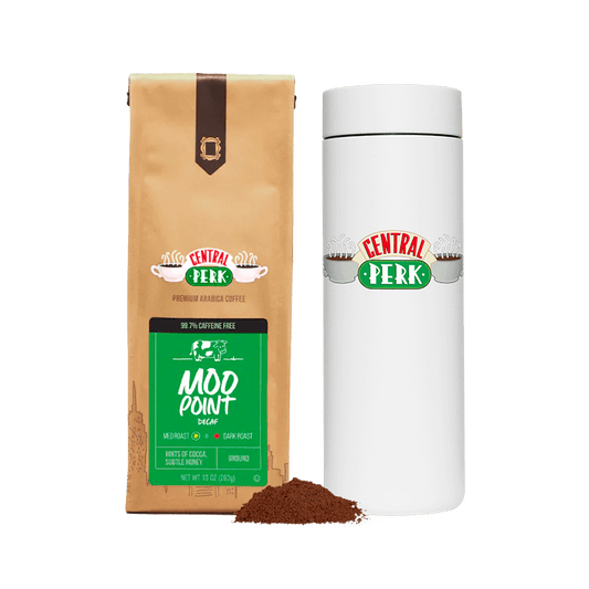 The Central Perk Moo Point Traveler Bundle With Moo Point Decaffeinated Coffee and White 360 Coffee Traveler Mug