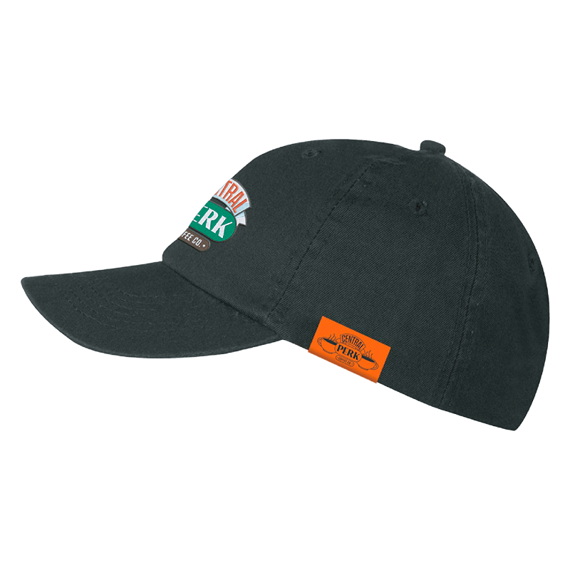 Left side view of Black Dad Hat, clean design, signature Central Perk style, Official Central Perk Hat, Central Perk headgear, Central Perk Cap