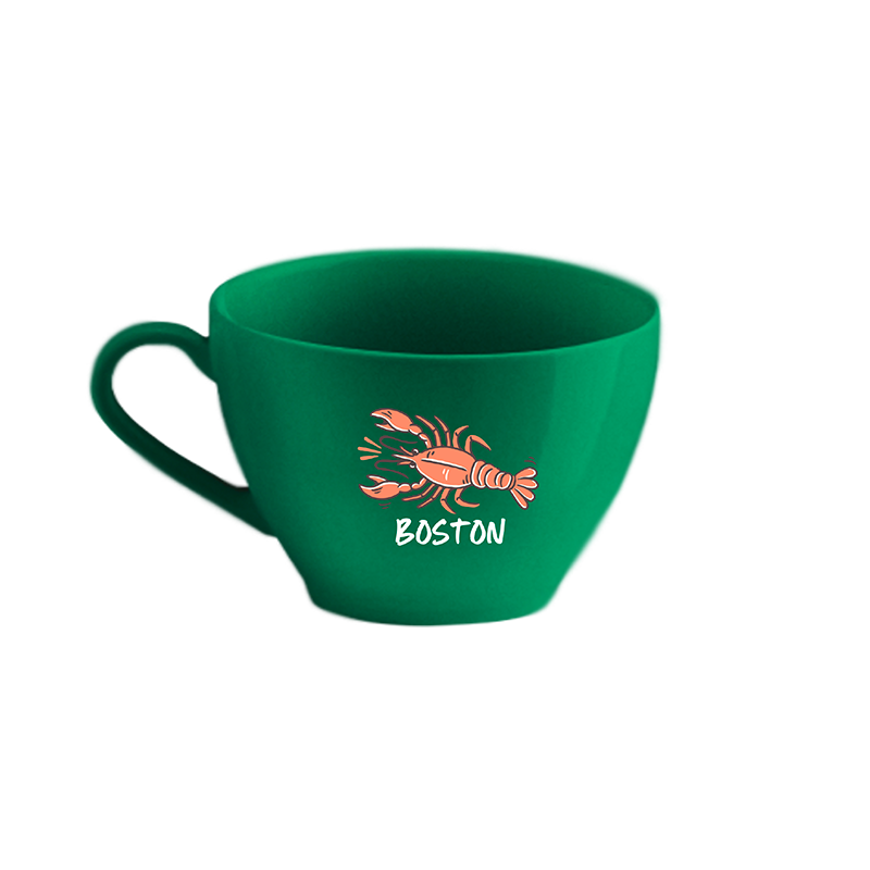 Green boston mug, Green lobster mug, view of the Ceramic Lobster Mug, spotlighting the meticulously rendered lobster artwork, a symbol of lasting companionship and love.