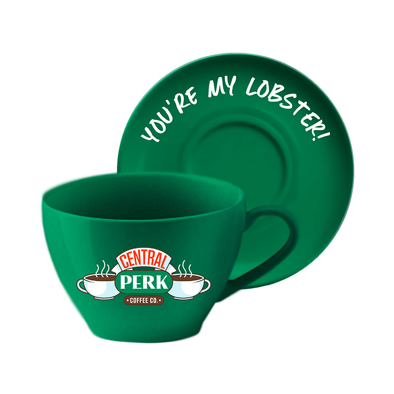Complete set showcasing the beautifully crafted Ceramic Lobster Mug alongside its matching saucer, highlighting their cohesive design and artistry, Central Perk Ceramic Mug, Central Perk Ceramic Saucer, Central Perk Mug Set, Full view of Ceramic Lobster Mug with Saucer