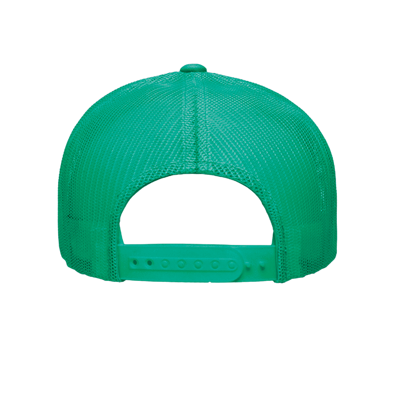 Green cap back, Mesh paneling, Snapback closure detail, Ventilated comfort, Signature trucker style