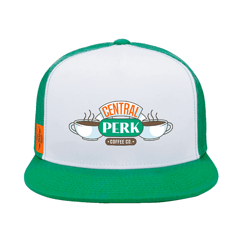 Green trucker cap front, Central Perk logo embroidery, Breathable mesh design, Classic cap silhouette, Adjustable snapback