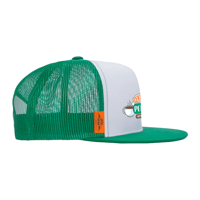 Green trucker hat side profile, Mesh side panels, Side stitching details, Curved brim design, Logo visibility from angle.