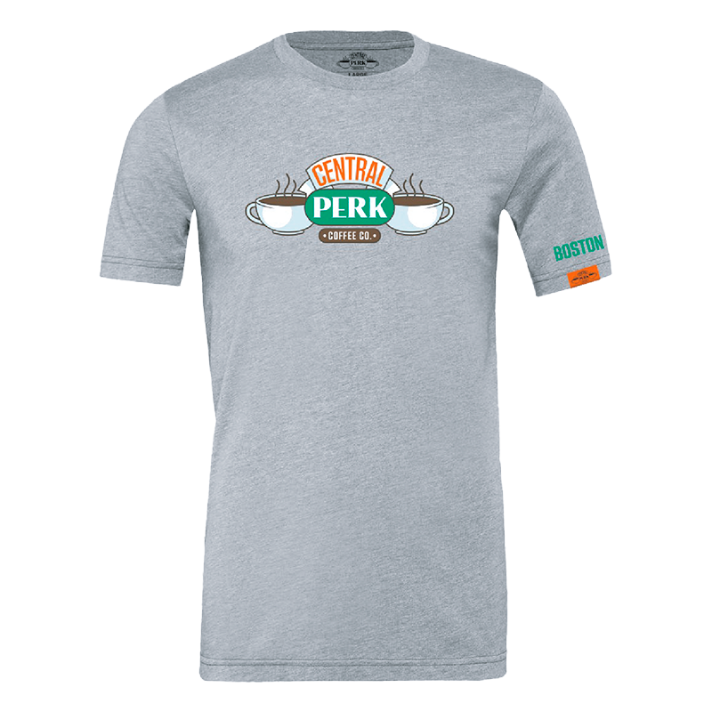 Central Perk Gray shirt, Front view of the Grey Unisex T-Shirt, Grey t-shirt front, Central Perk logo print, Unisex design, Soft fabric, Classic crew neck cut