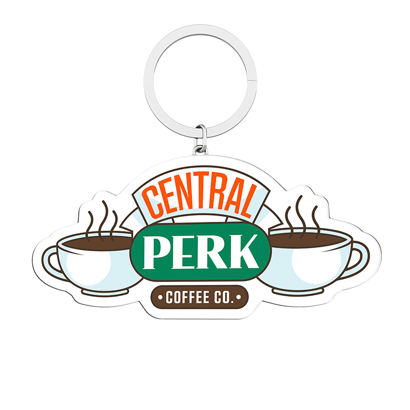 Front view of Metal Logo Keychain, Central Perk coffee mug design, FRIENDS™ series emblem, Durable metal construction, Shiny surface finish