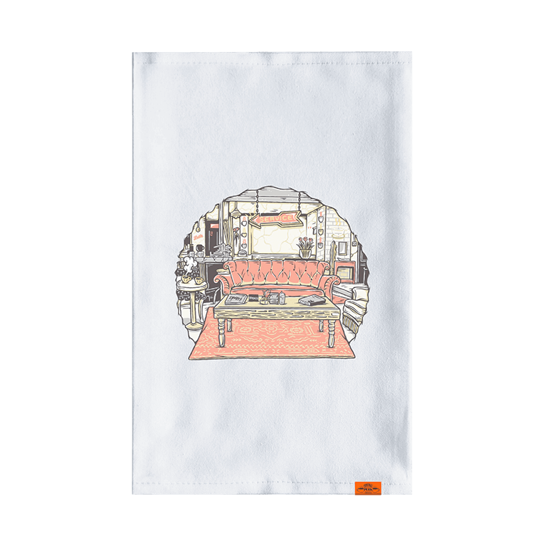 Central Perk Tea Towel, White Tea towel, Orange couch towel, White tea towel front, Central Perk coffee house illustration, Vibrant orange couch design, Iconic FRIENDS™ series setting, Essential kitchen accessory