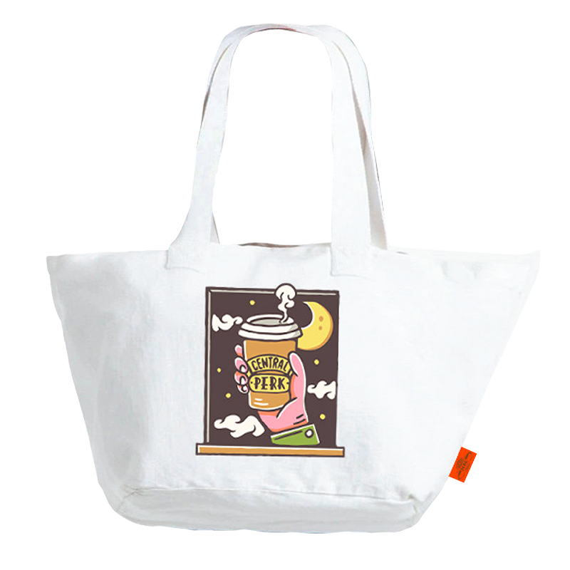 White tote, nylon tote white, Front view of tote bag", "Central Perk to-go coffee cup illustration", "iconic FRIENDS™ imagery", "perfect accessory for fans", "daily commuters' choice