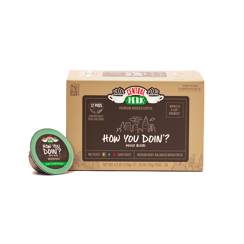 How You Doin'? Single Serve Coffee Pods, single serve coffee, How You Doin Medium Roast Coffee Pods, HYD Medium Roast Coffee Pod Box, house blend coffee, premium house blend, friends house blend, central perk house blend, house blend coffee pods, house blend k cups